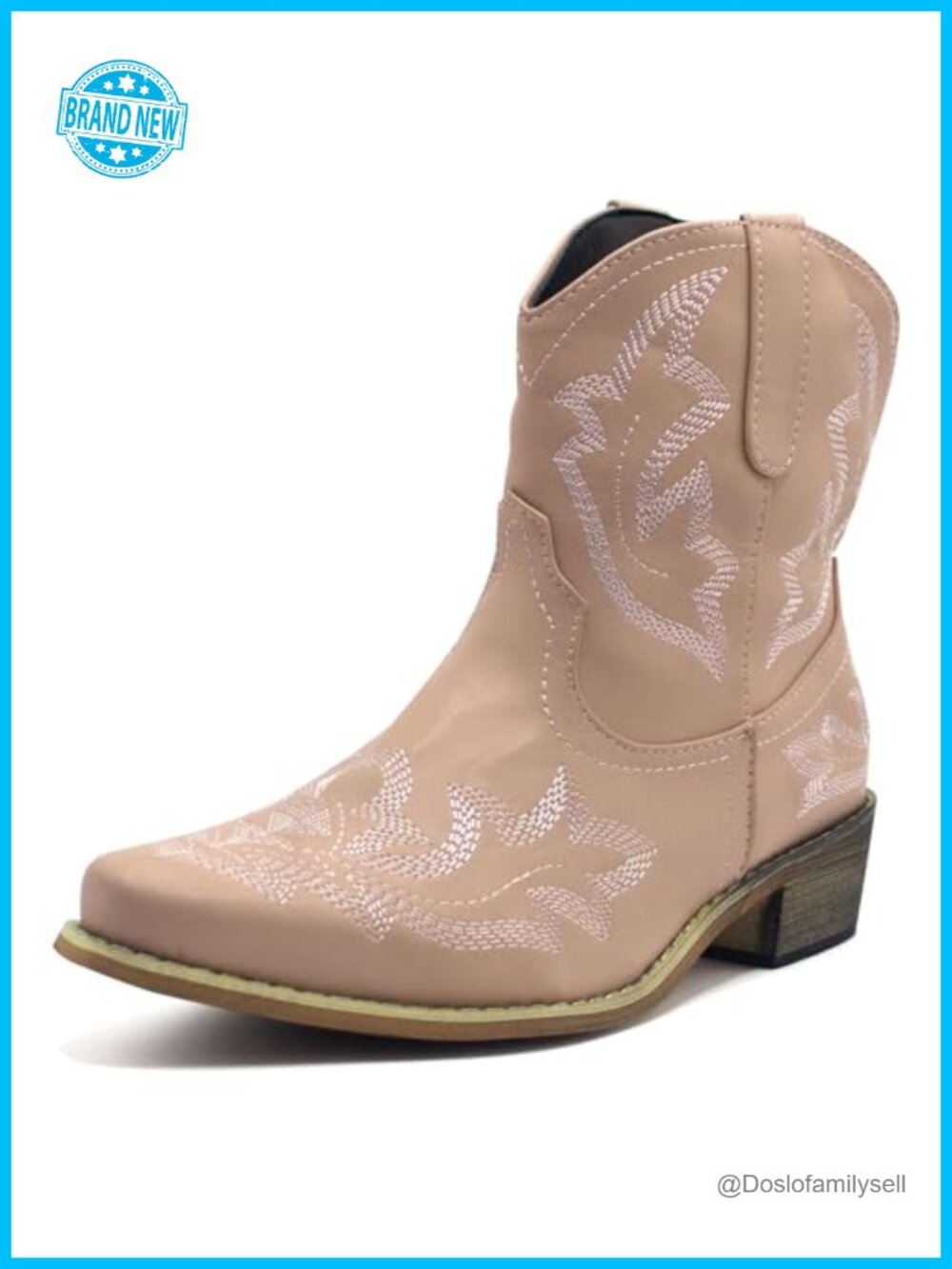 Western Ankle Booties Pointed Toe Embroidered Low Heel Pull-On